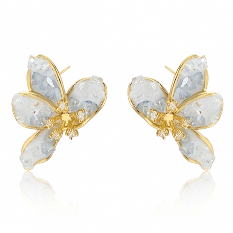 Biało złote kolczyki damskie w kształcie kwiatów - stal szlachetna - Modnie wygodnie